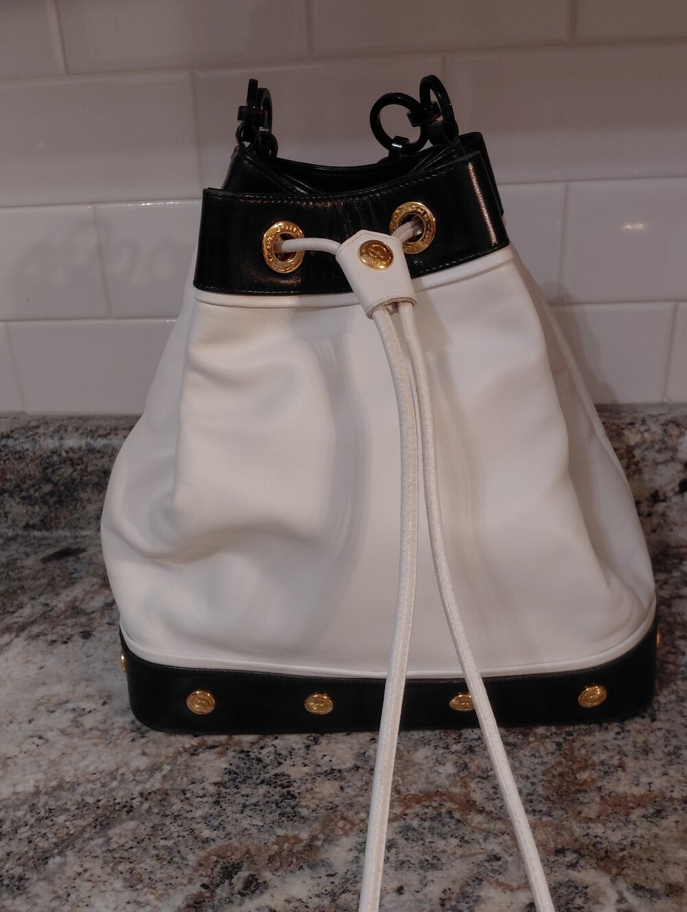 Vintage St. John White Black Drawstring Bucket Bag with Gold Studs